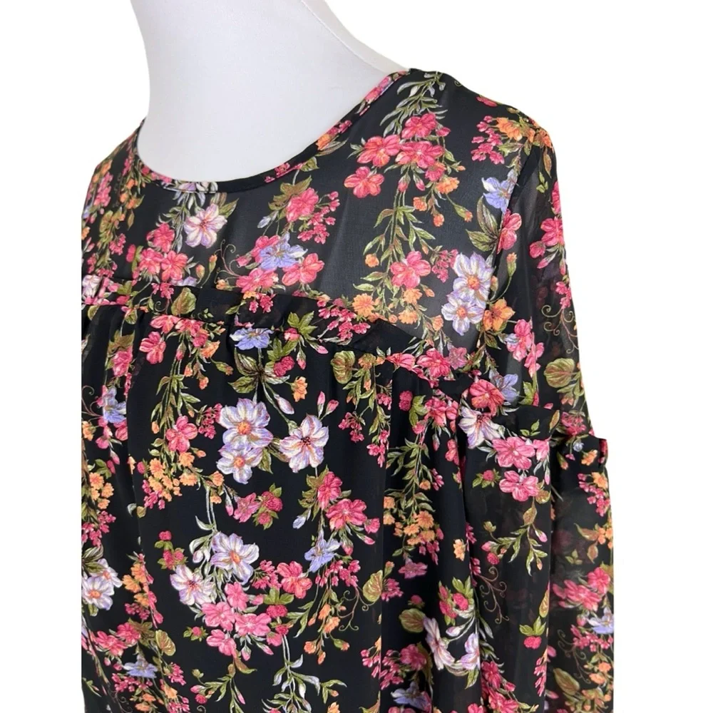 Time and Tru Long Sleeve Floral Ruffle Yoke Shift Dress Black Pink Size Large